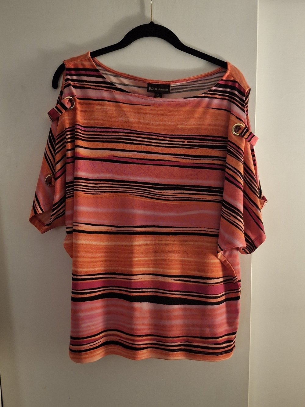 Bold Elements Women's Pink & Orange Striped Cold-Shoulder Top